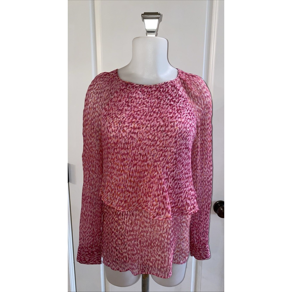 L.K. Bennett 100% Silk Pink White Floral Soft Lightweight Tiered Ruff Top Size 2